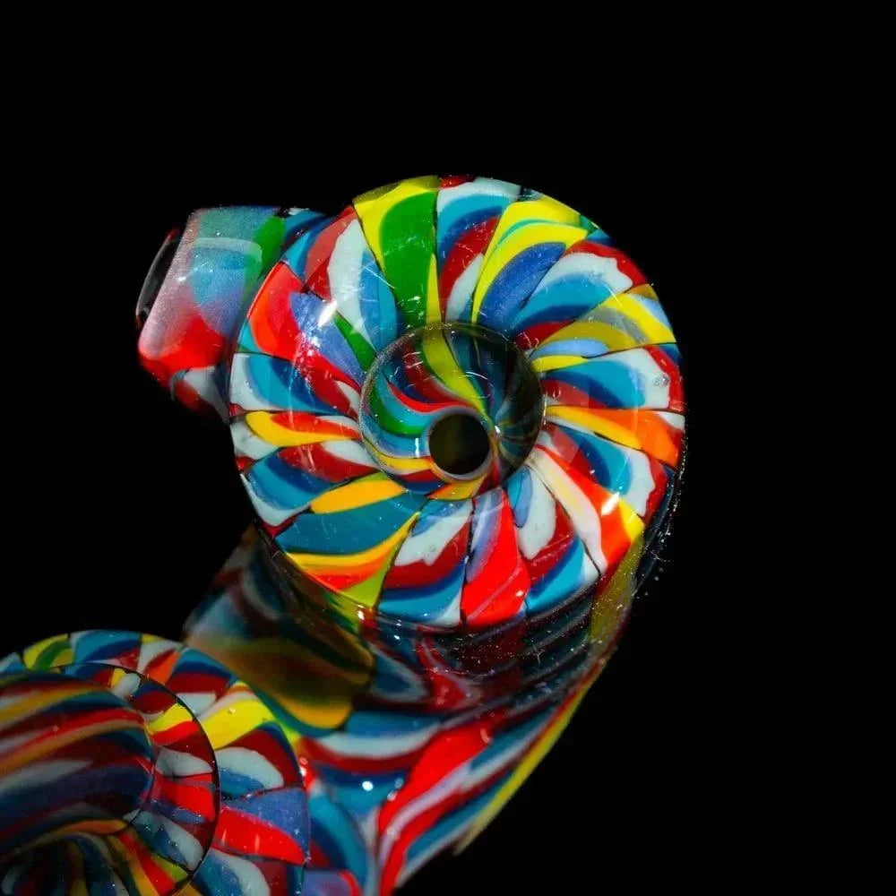 Colorful swirling rainbow glass Sherlock pipe on black background