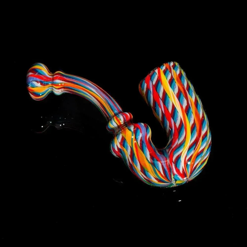 Colorful rainbow zanfirico glass sherlock pipe with twisted pattern on black background