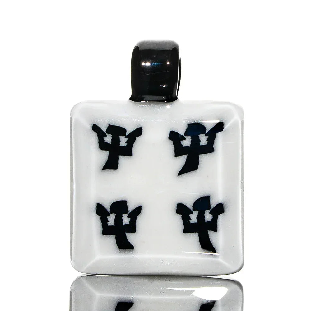 Square glass pendant with four black abstract symbols on white background
