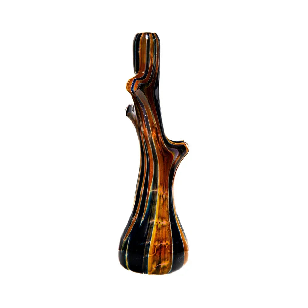 Hand-blown glass art piece resembling a burnt hickory stick with swirling brown and black patterns.