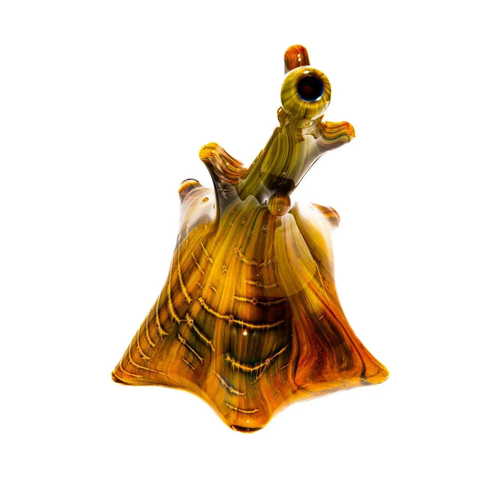 Handcrafted amber glass windswept spoon pipe with artistic swirl patterns, isolated on white