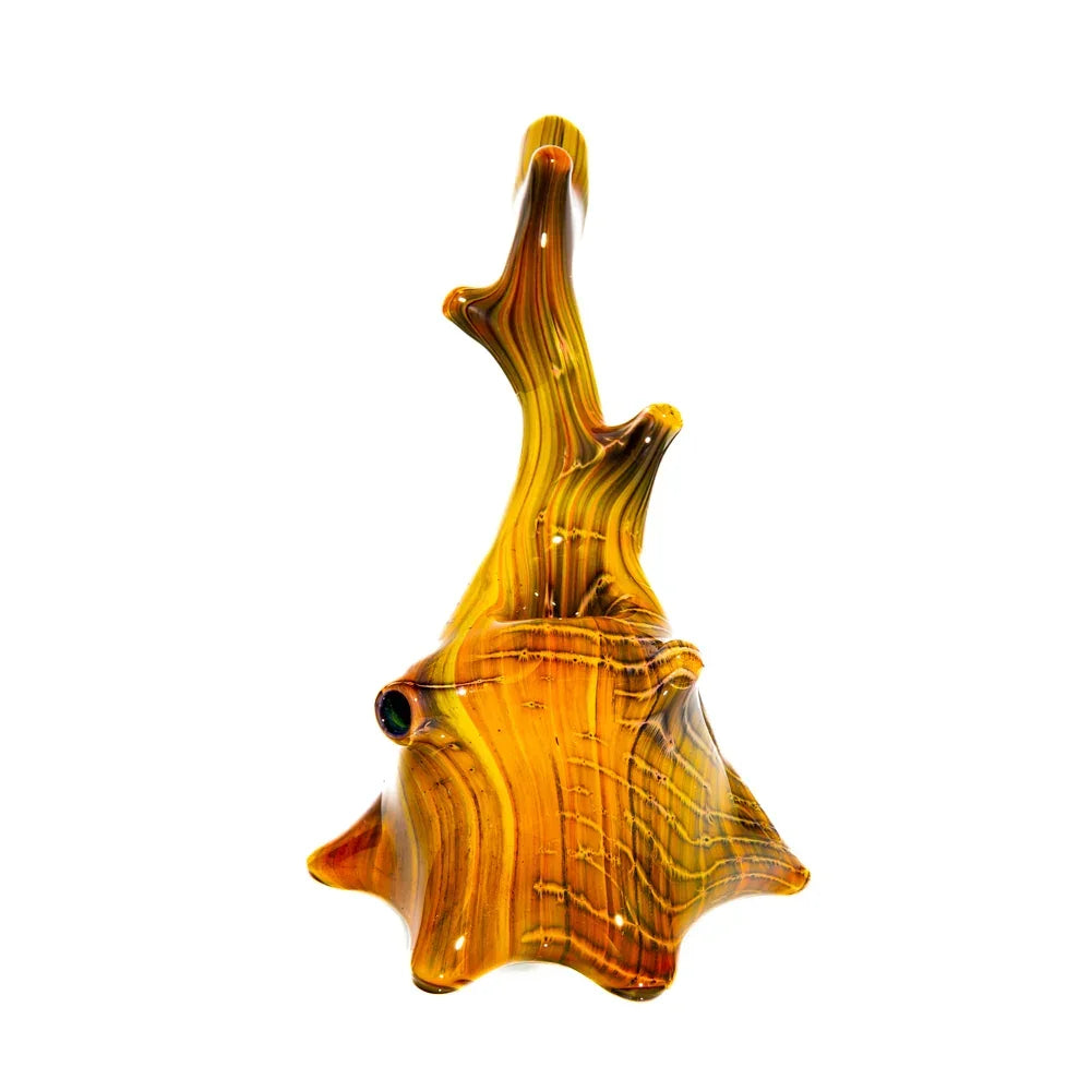 Hand-blown glass spoon pipe with windswept hickory wood design on white background