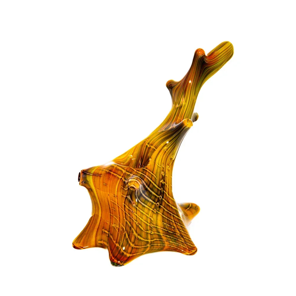 Hand-blown glass pipe with swirled amber and brown color, windswept spoon shape.