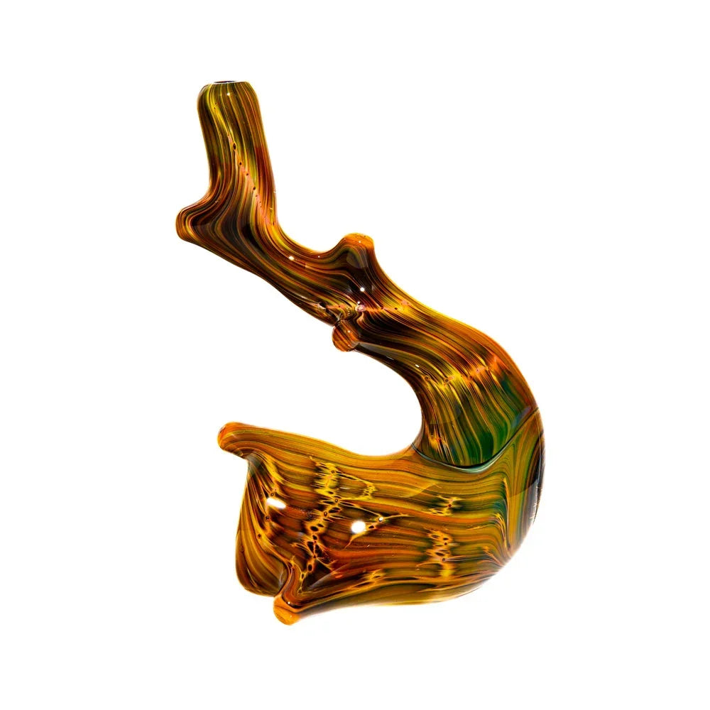 Hand-blown glass sherlock pipe with swirled hickory brown and amber colors on white background.