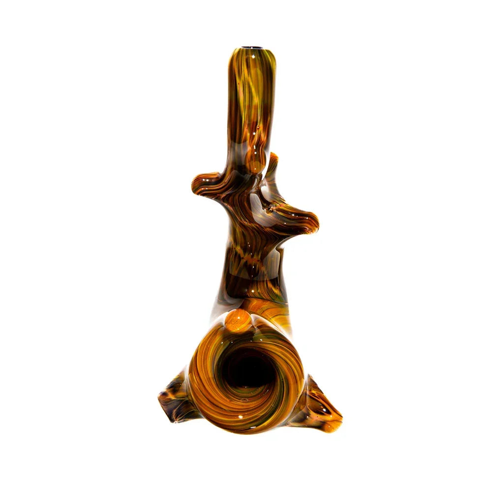 Brown and amber glass Sherlock pipe with tree branch design on white background