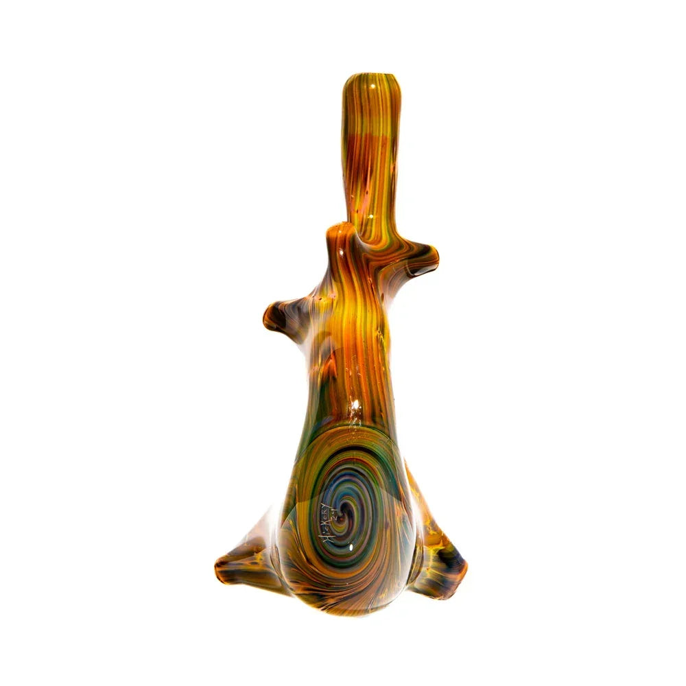 Colorful glass sherlock pipe with swirling hickory pattern on a white background