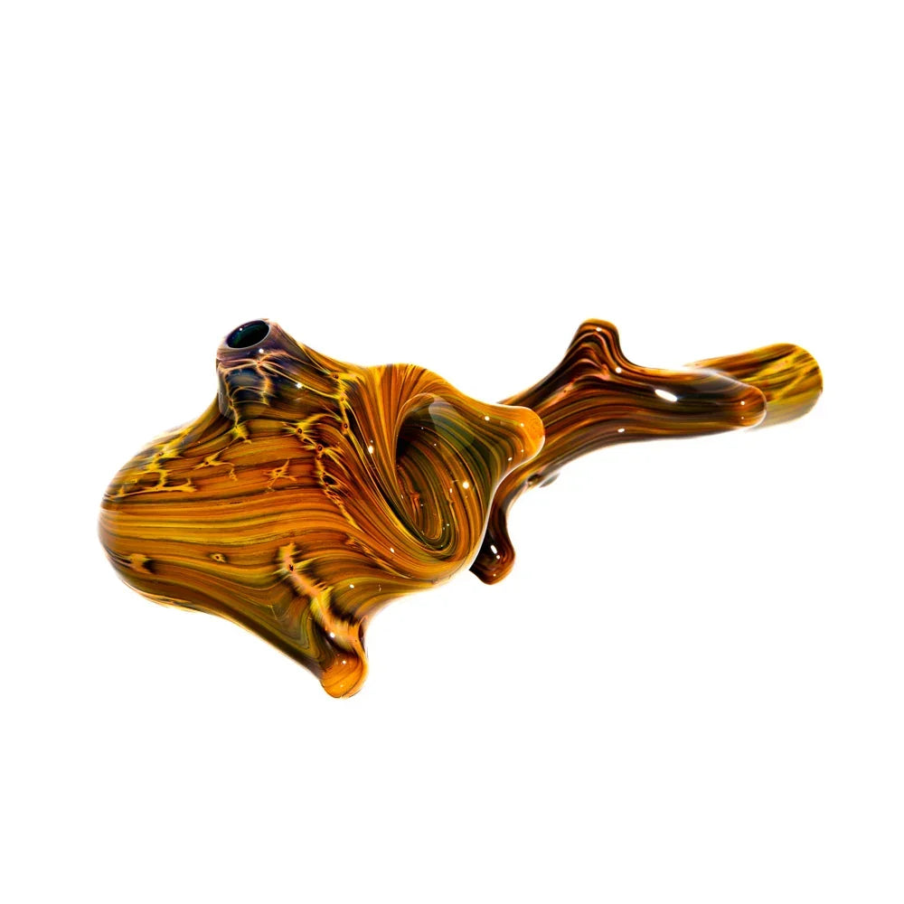 Hand-blown glass Sherlock pipe with brown and gold swirl design on white background