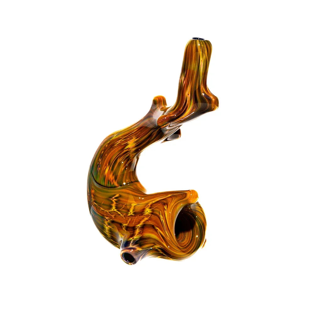 Hand-blown glass Sherlock pipe with brown and amber hickory swirl design on white background