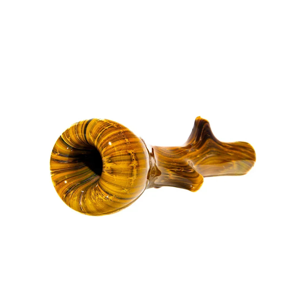 Hand-blown glass pipe with a wood grain design resembling a hickory stick on white background