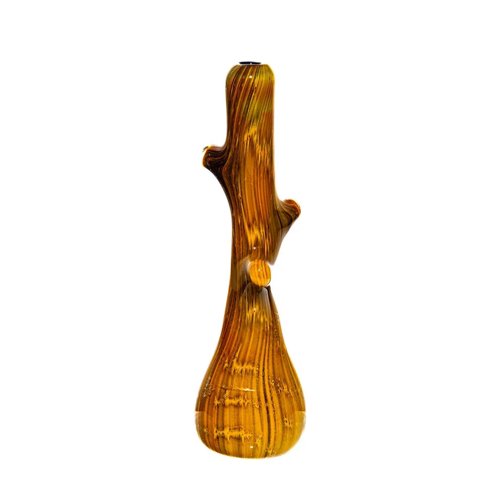 Hand-blown glass pipe shaped like a hickory tree branch on white background