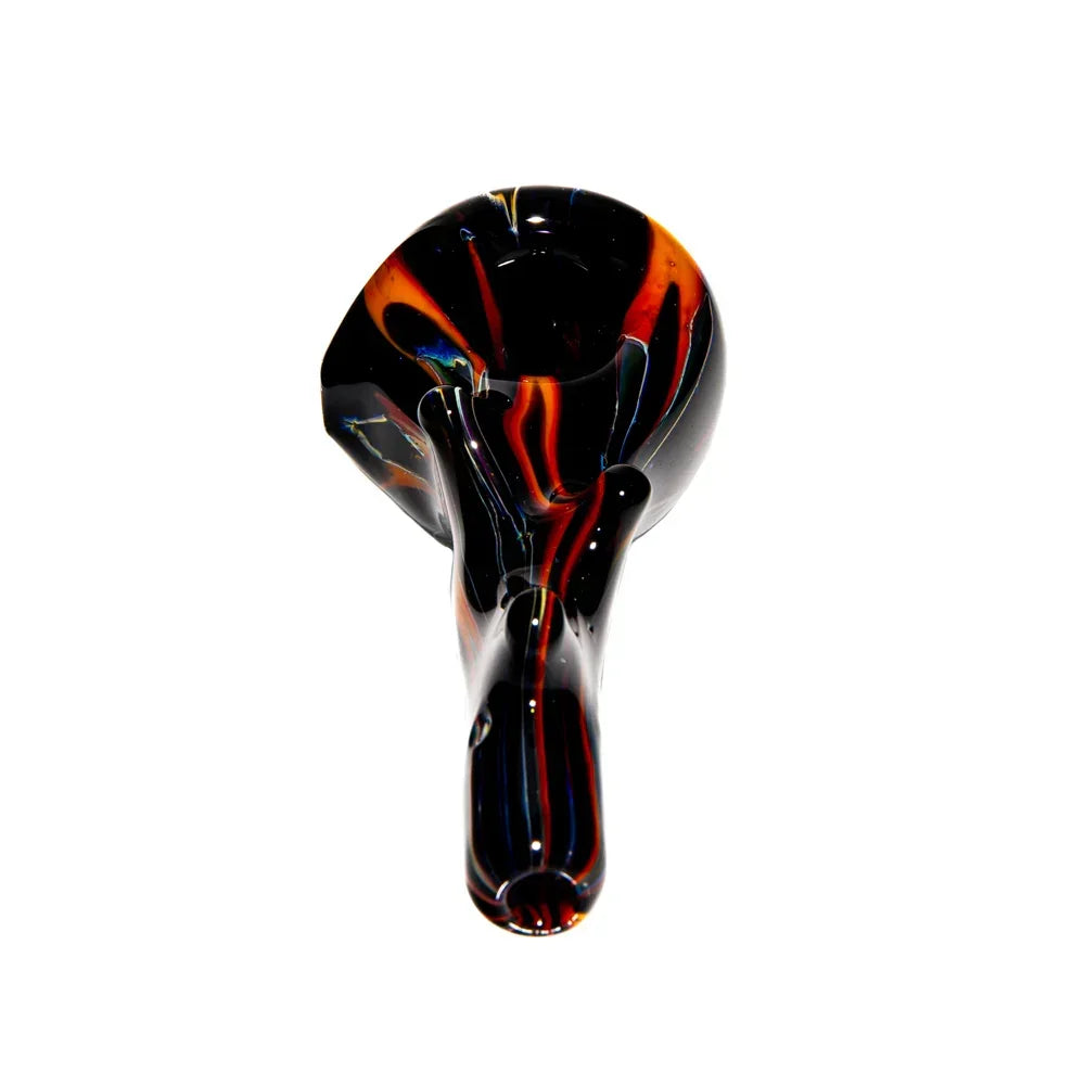 Colorful glass hand pipe with red, blue, and yellow swirls on a white background