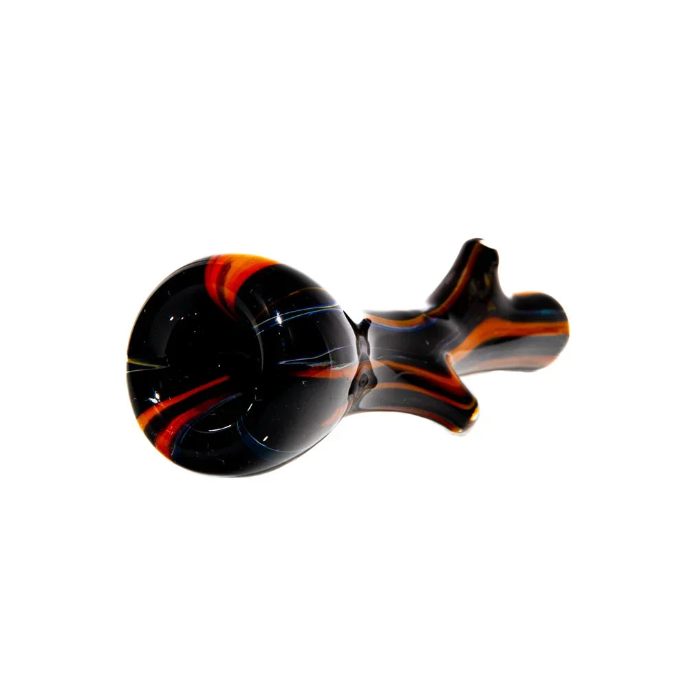 Black glass hand pipe with orange and red swirl accents on a white background