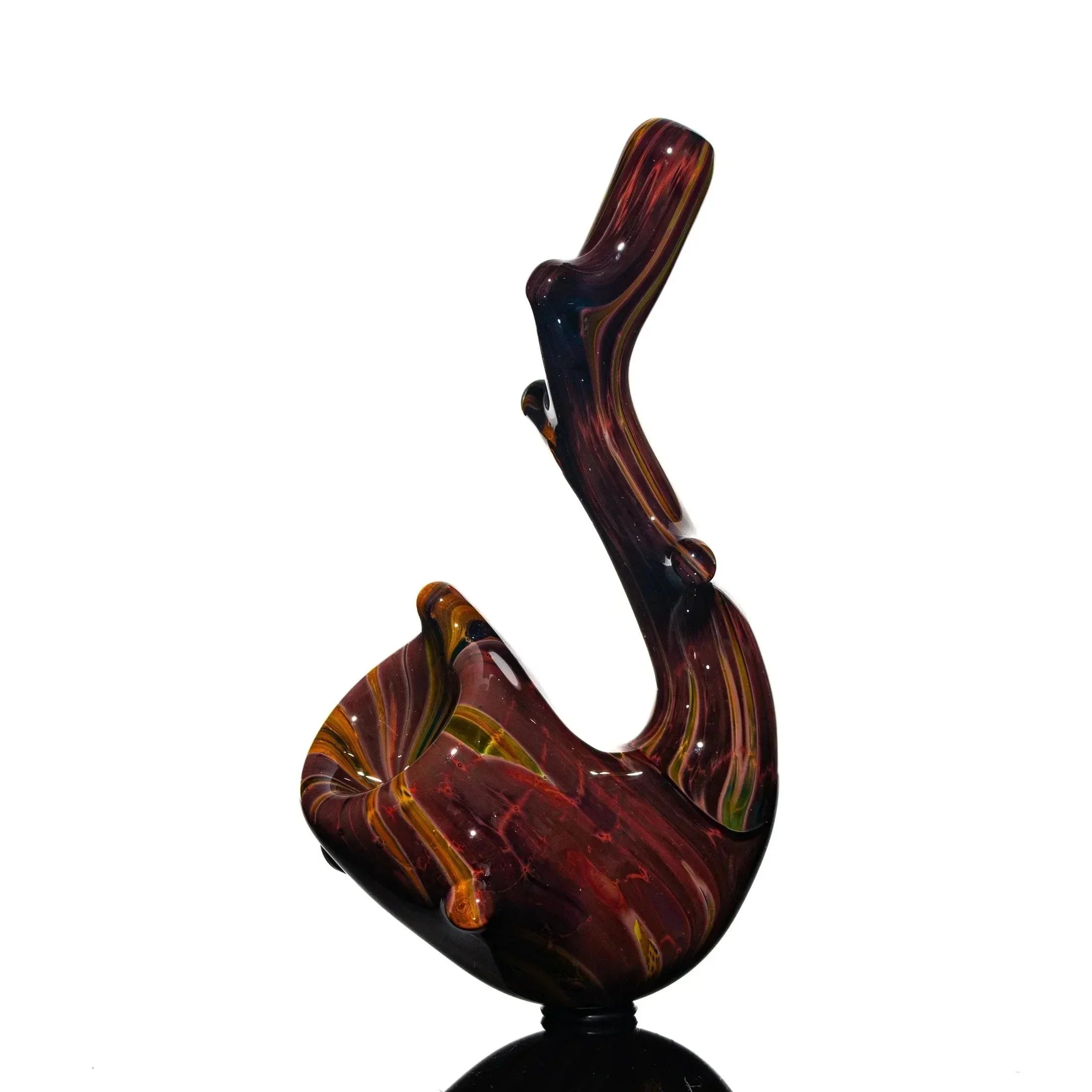 Colorful glass Sherlock pipe with hickory and cedar swirl design on a white background