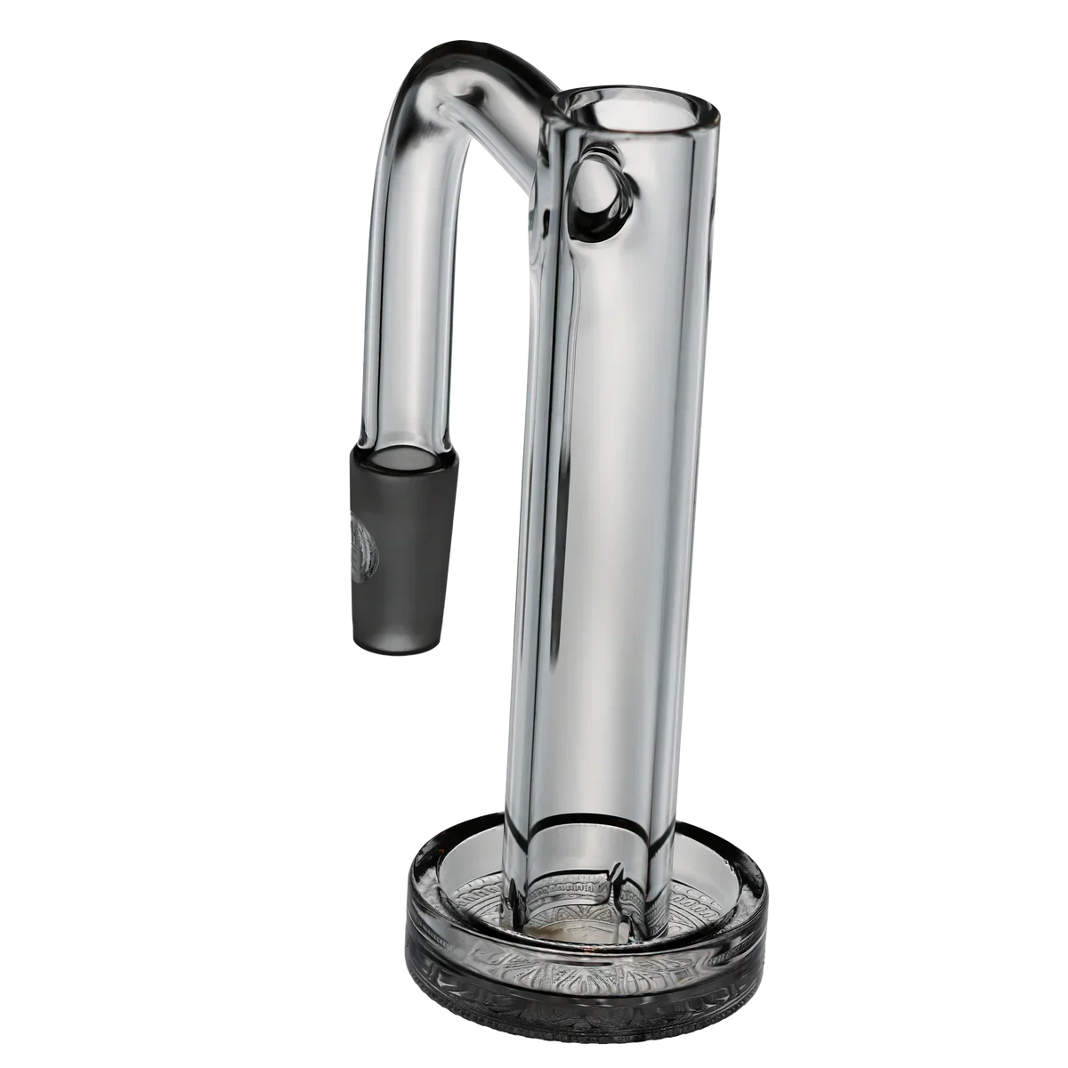 Clear glass control tower attachment with angled mouthpiece and decorative base