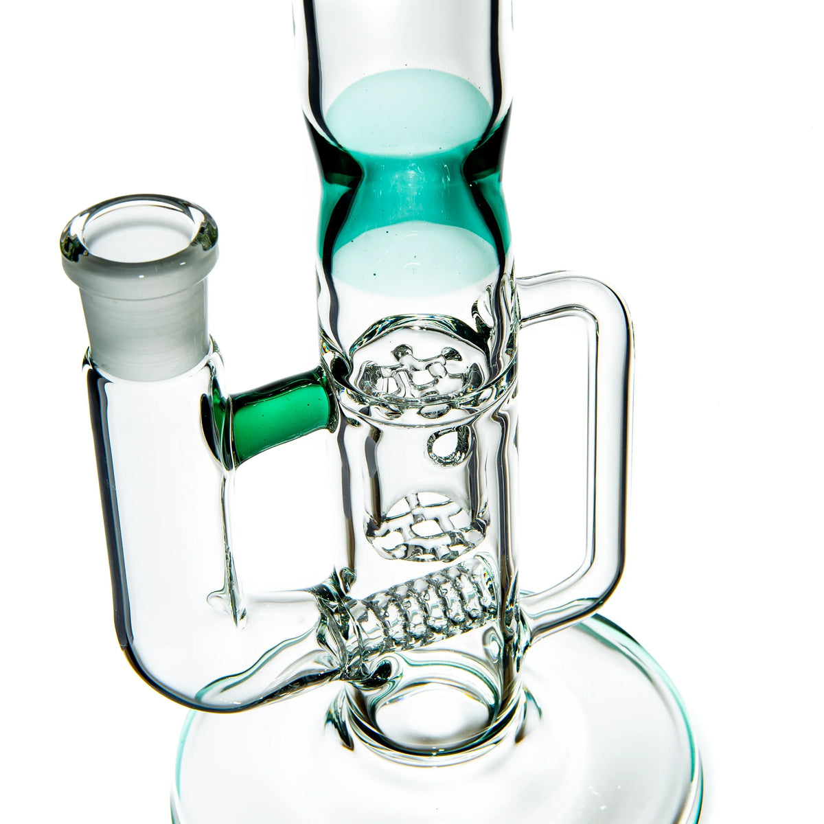 Clear glass water pipe with teal accents and intricate percolator design against white background.