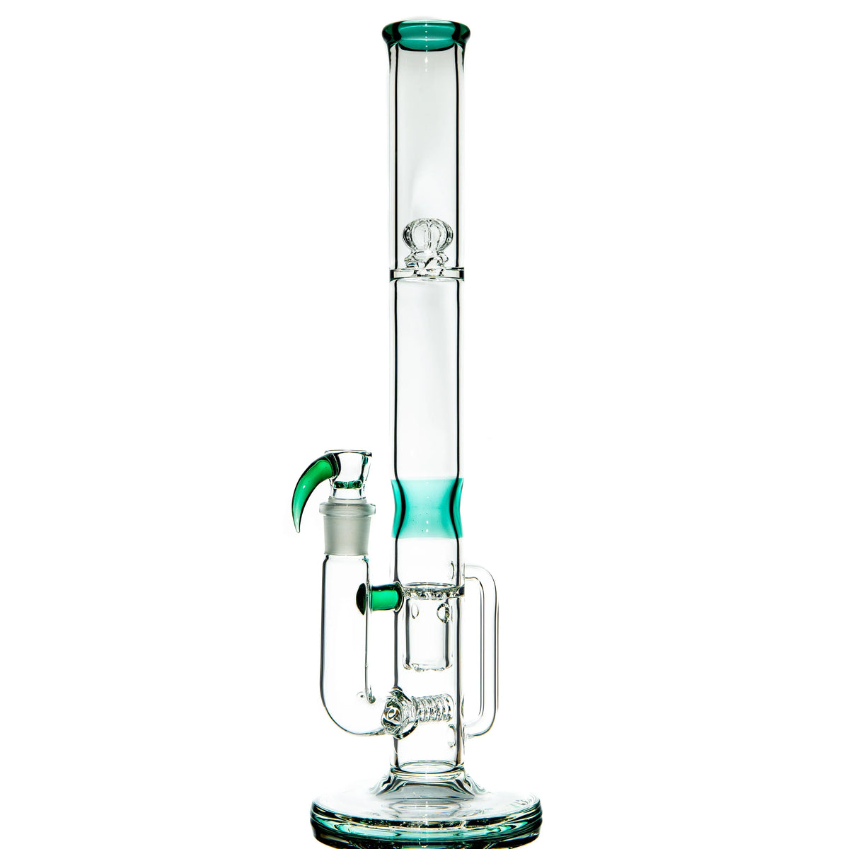 Clear glass water pipe with teal accents and intricate percolator, isolated on white background.