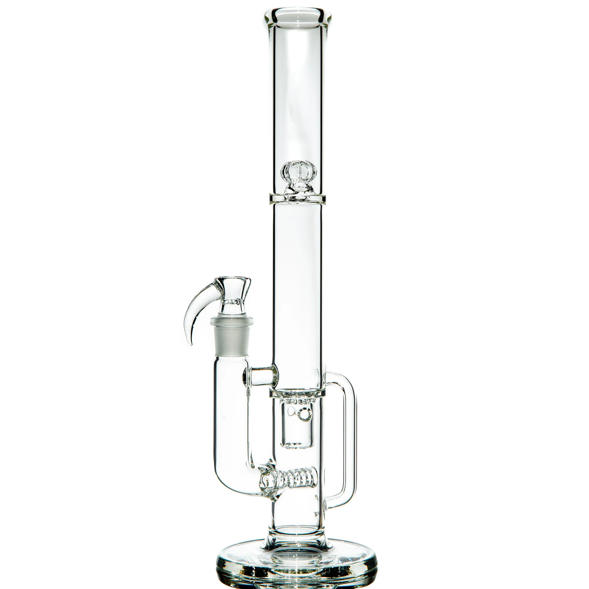 Clear glass water pipe with cylindrical chamber and percolator on white background