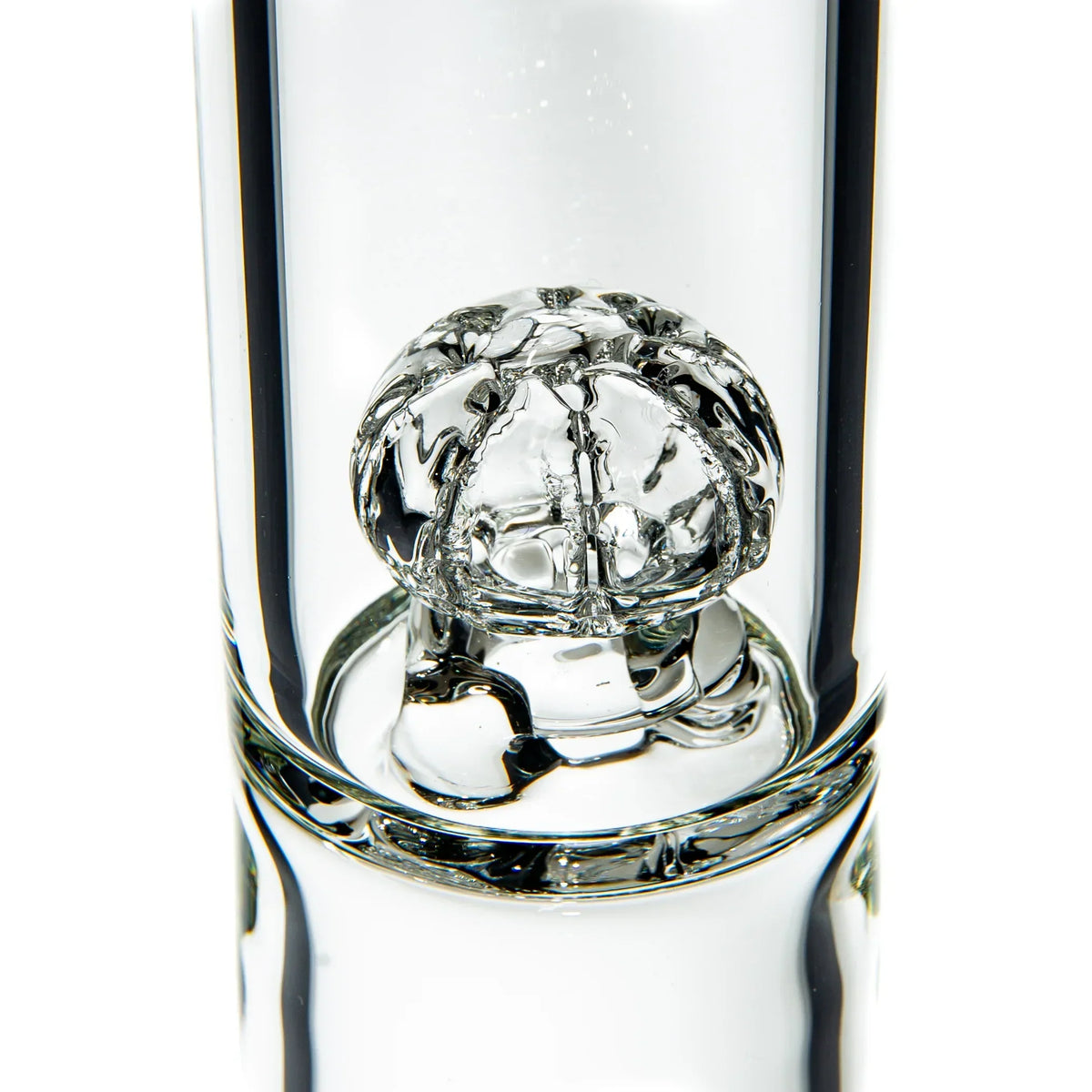Close-up of a clear glass water pipe with intricate gridded percolator detail