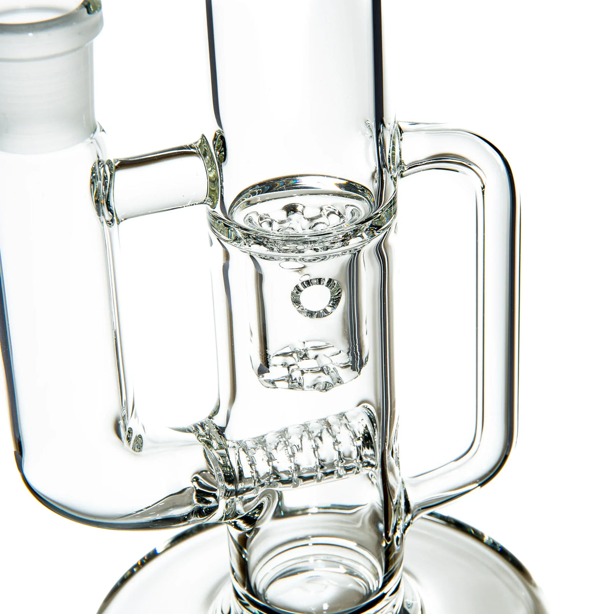 Clear glass water pipe with intricate percolator and sturdy handle detail, close-up view.