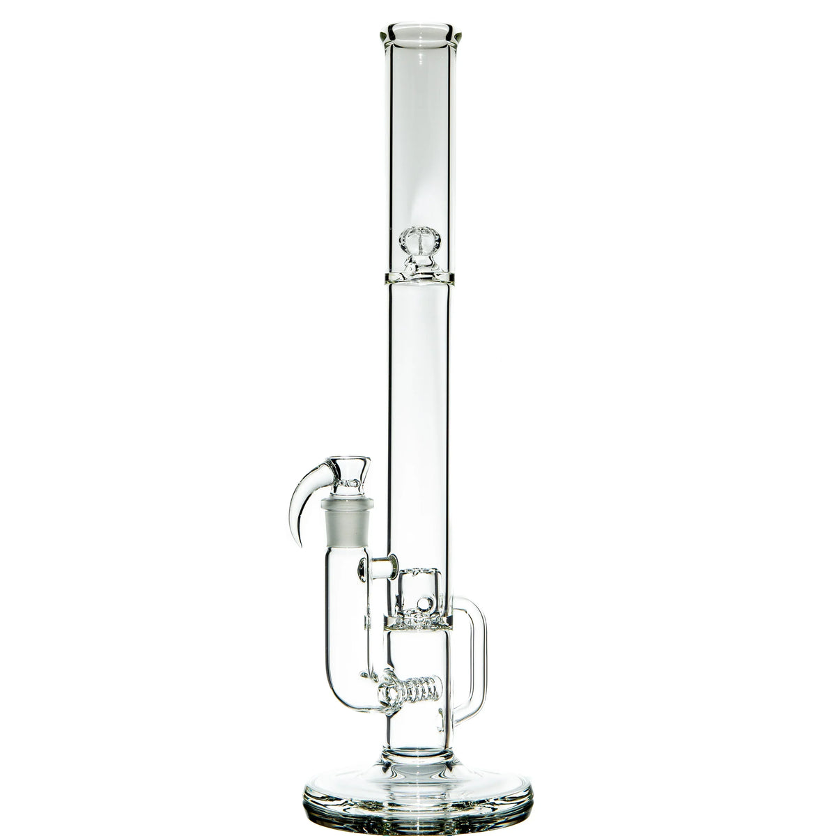 Clear 38mm glass water pipe with intricate percolator and handle on a white background