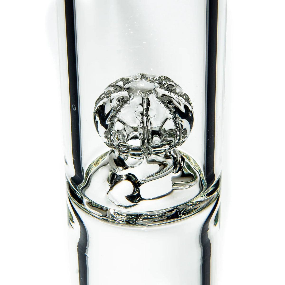 Clear glass water pipe with intricate gridded percolator close-up