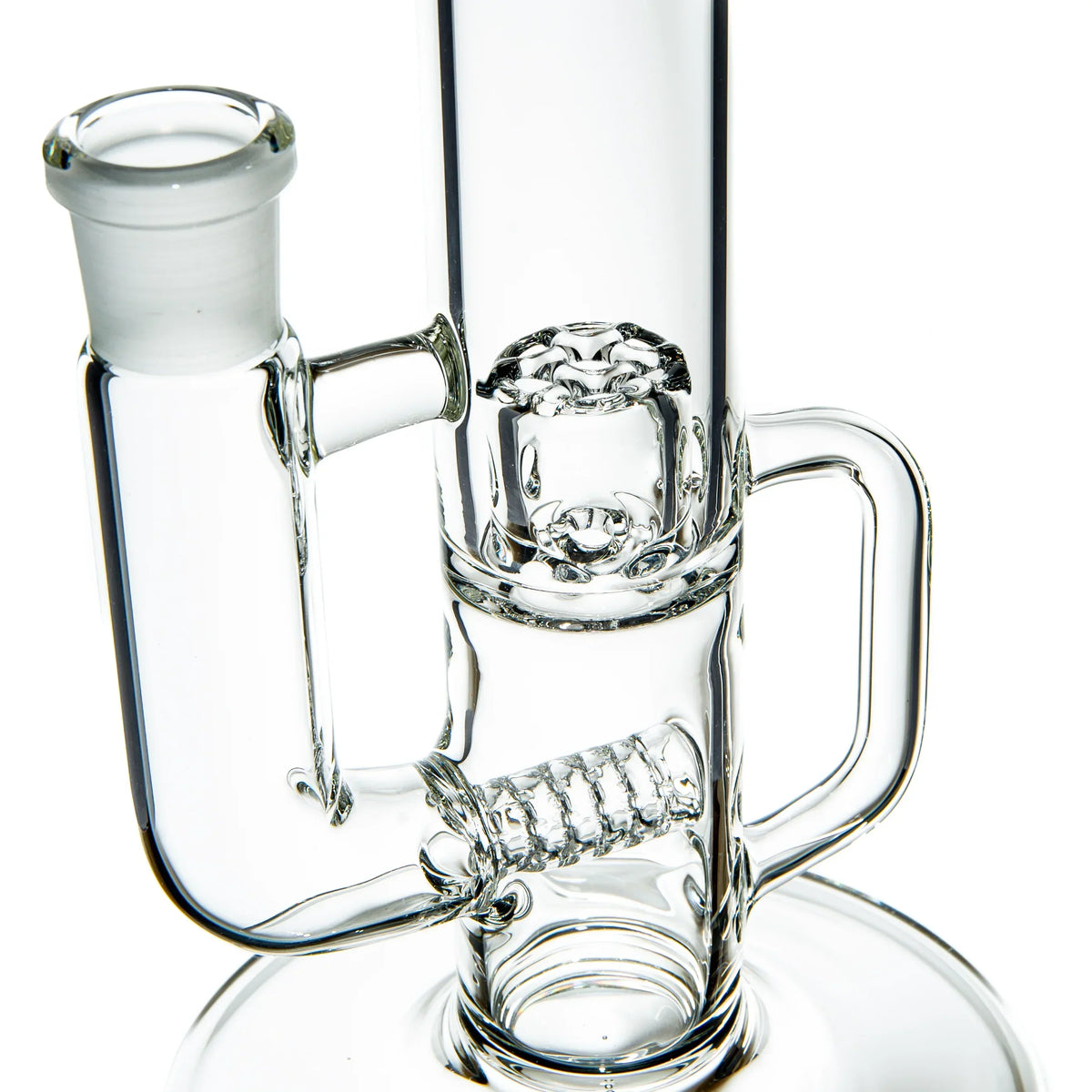 Clear glass water pipe with intricate percolator and sturdy handle, close-up view