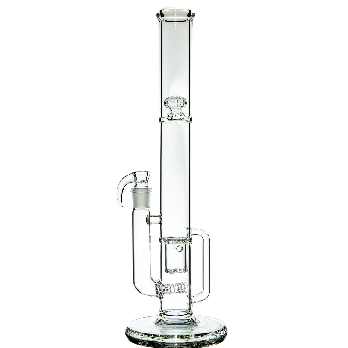 Clear glass water pipe with intricate percolator and handle on white background