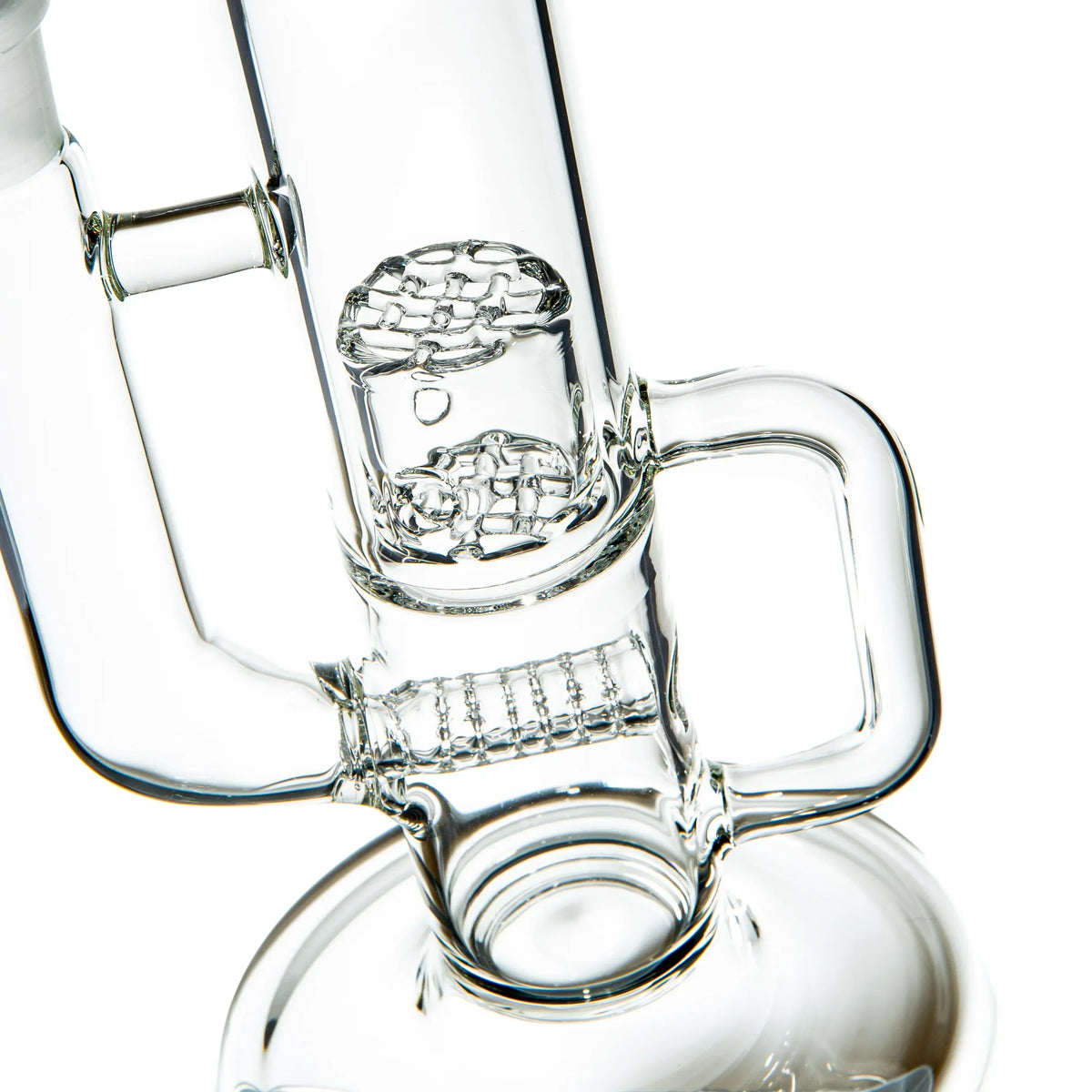 Clear glass water pipe with intricate percolator and handle, close-up view