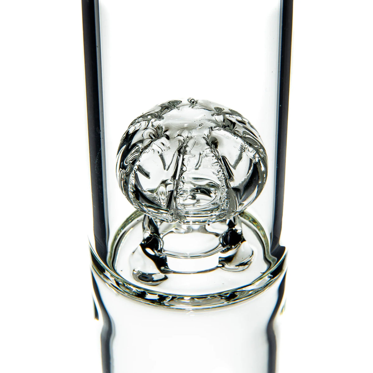 Clear glass bong with intricate percolator detail for smoking, side close-up view