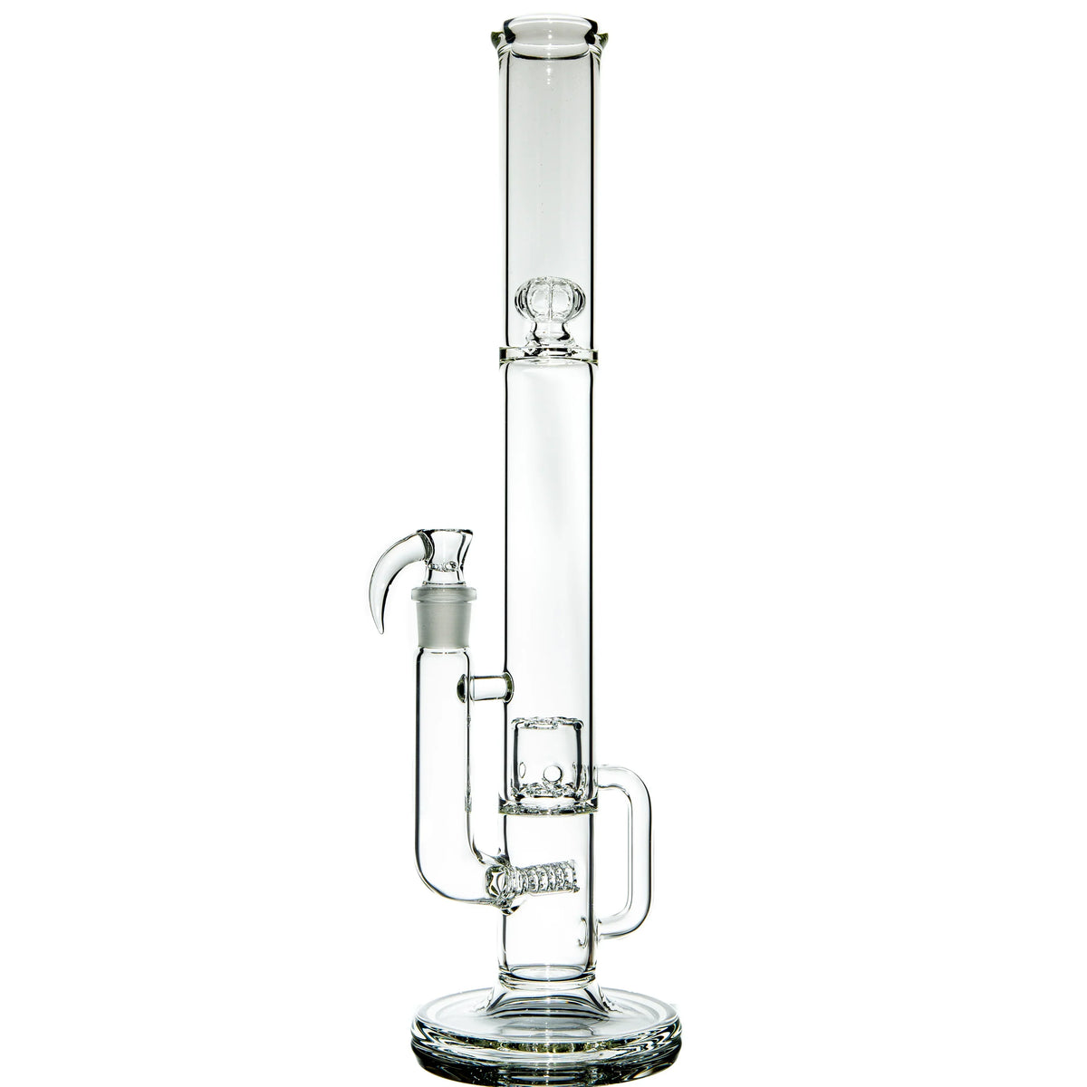 Clear glass water pipe with percolator and wide base, ideal for smoking enthusiasts.