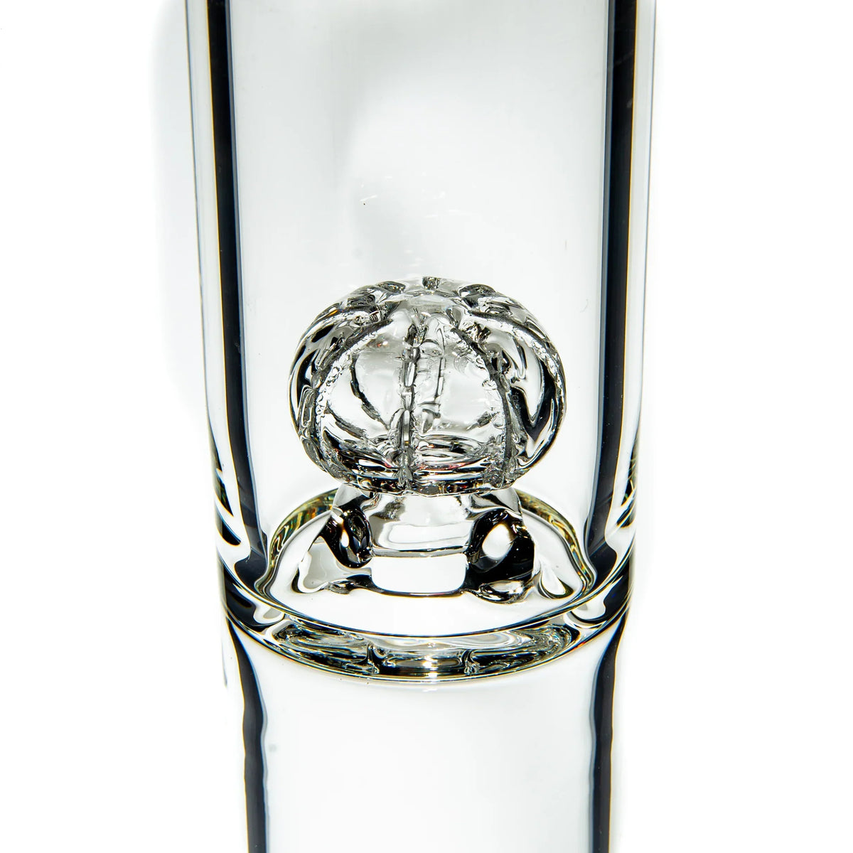 Clear glass water pipe with intricate pomegranate-shaped percolator detail