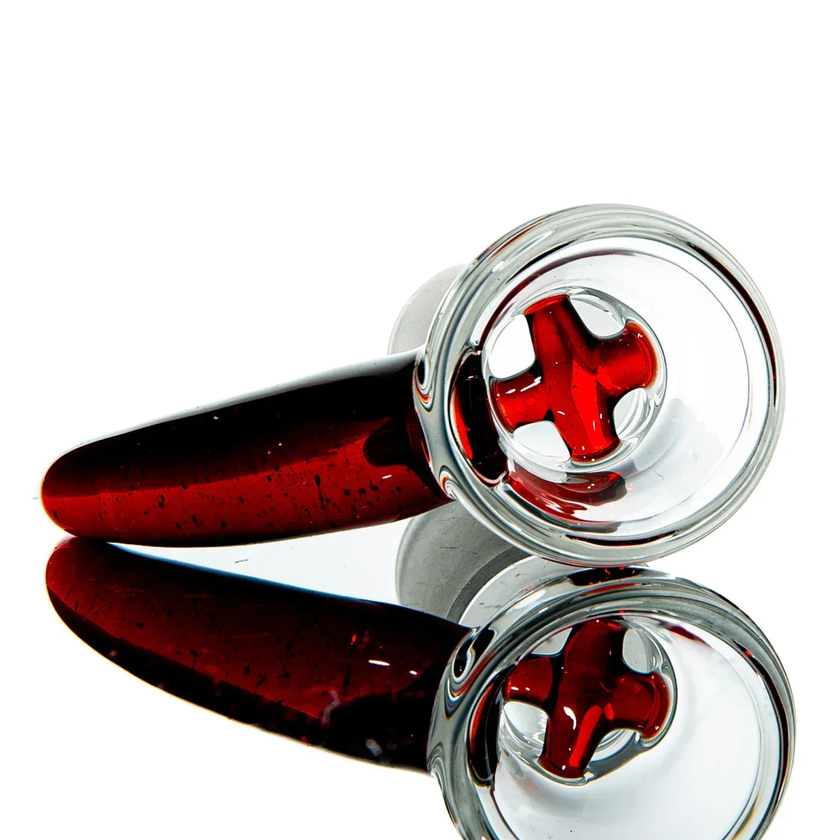 Red glass hand pipe with a clear bowl and cross-shaped interior screen, isolated on white