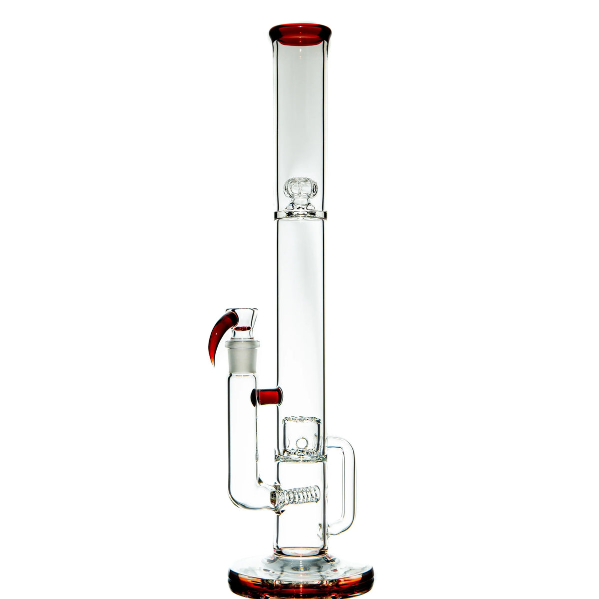 Clear glass water pipe with red accents and percolator on white background
