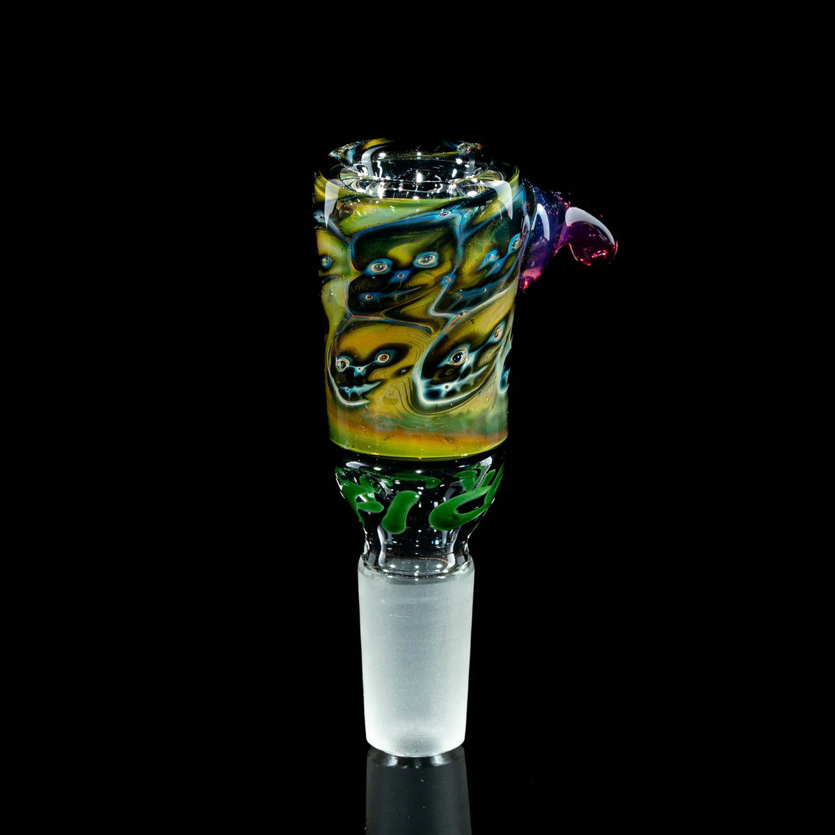 Heady glass bowl slide with colorful abstract face designs and frosted joint on black background