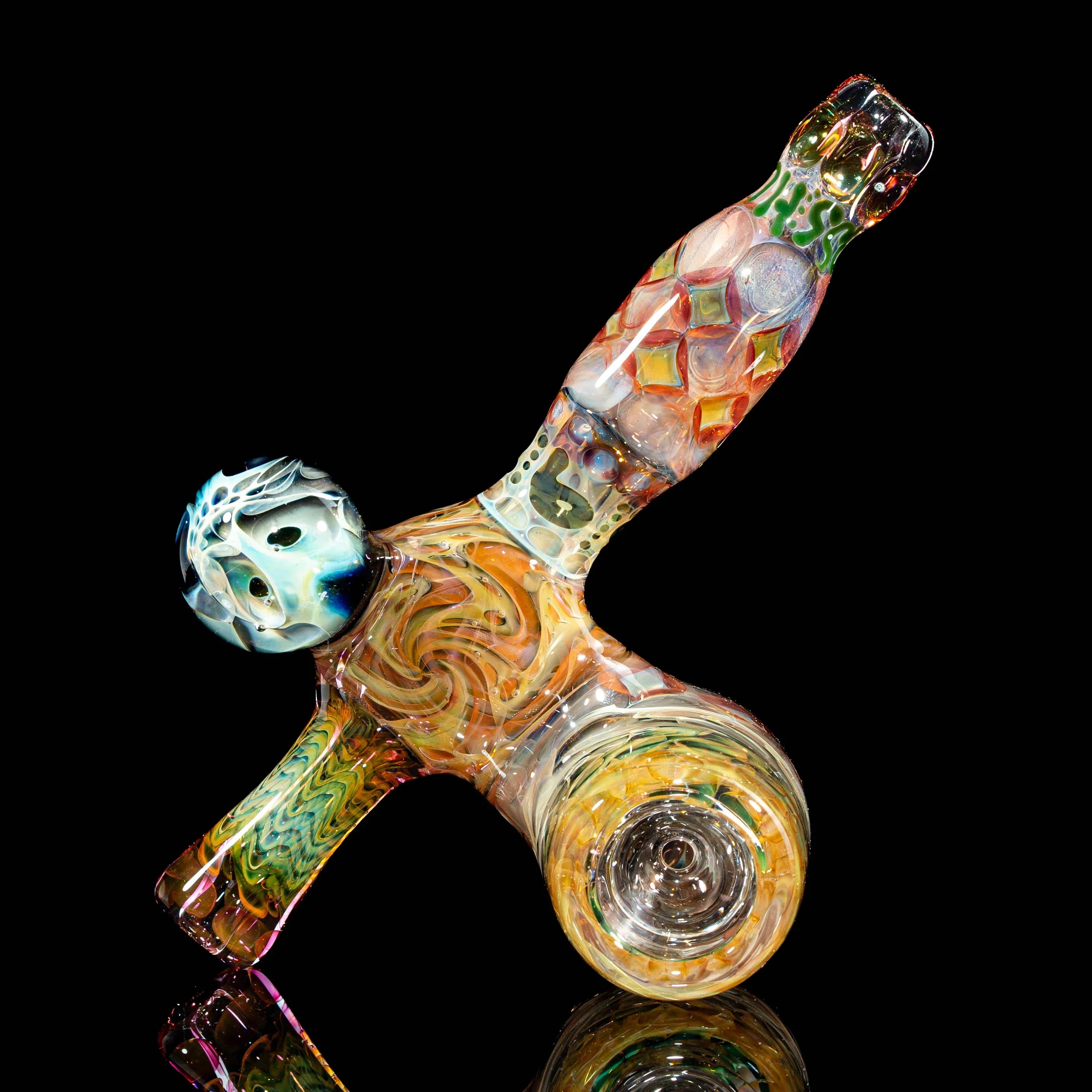 Artistic glass hand pipe with intricate multicolor designs on black background