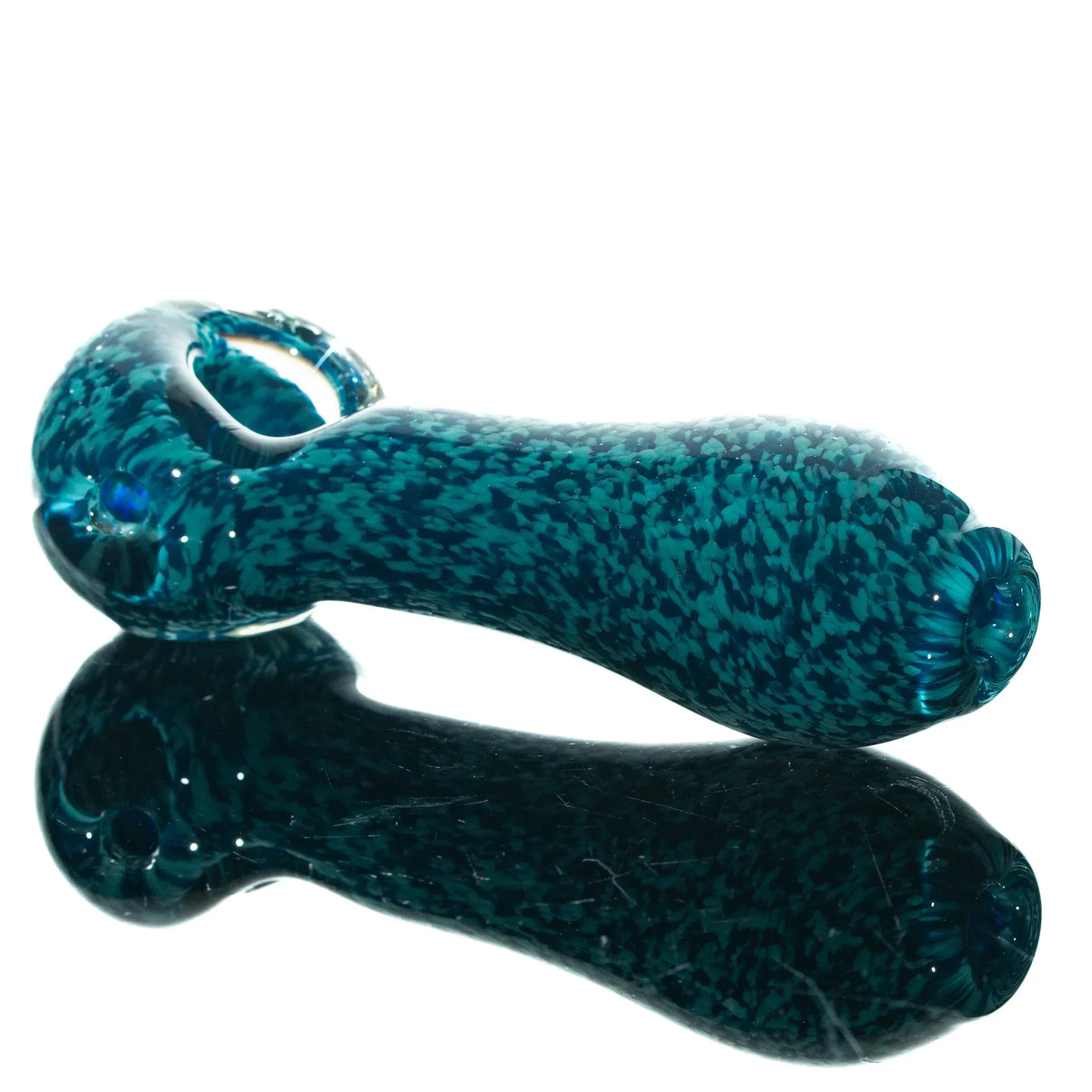 Aqua blue speckled glass hand pipe with rounded bowl and reflective surface