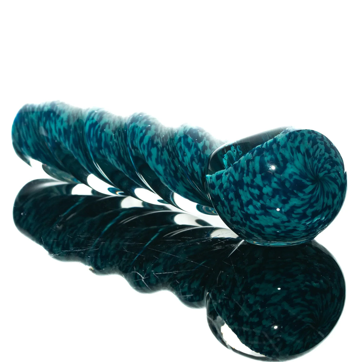 Aqua blue frit twist glass spoon pipe with peacock pattern on reflective surface