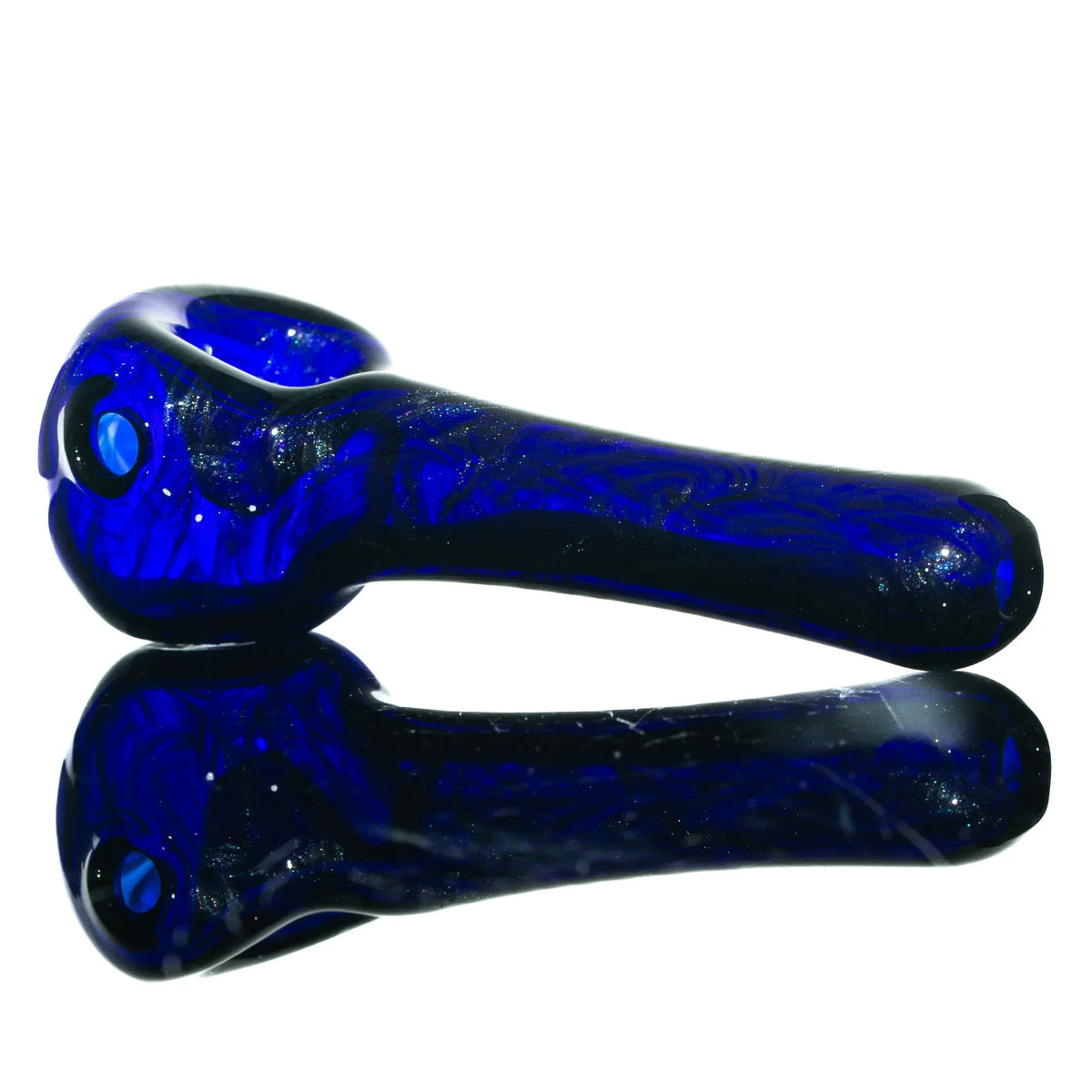 Deep blue glass hand pipe with swirling patterns, reflective surface, clean white background
