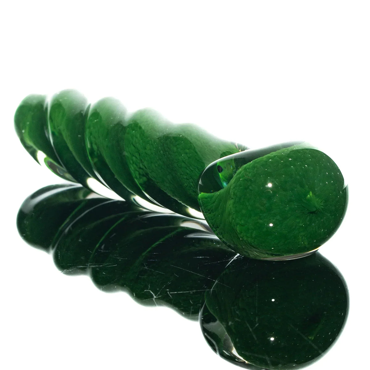 Green glass hand pipe with twist design, reflective surface, clean white background.