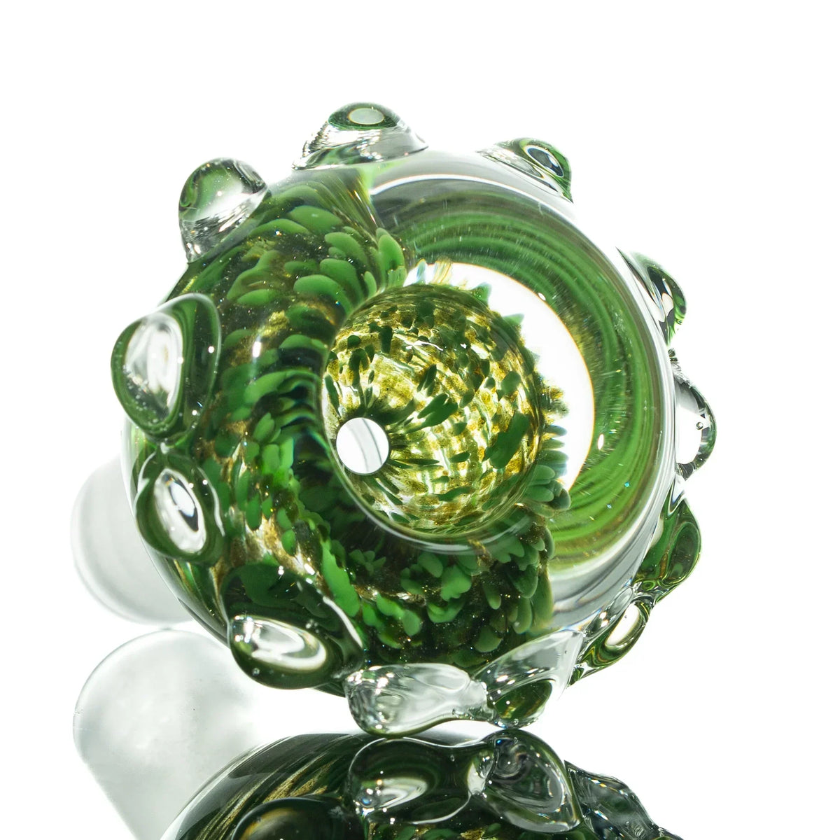 Green and brown 14mm frit glass slide with clear marble accents on white background