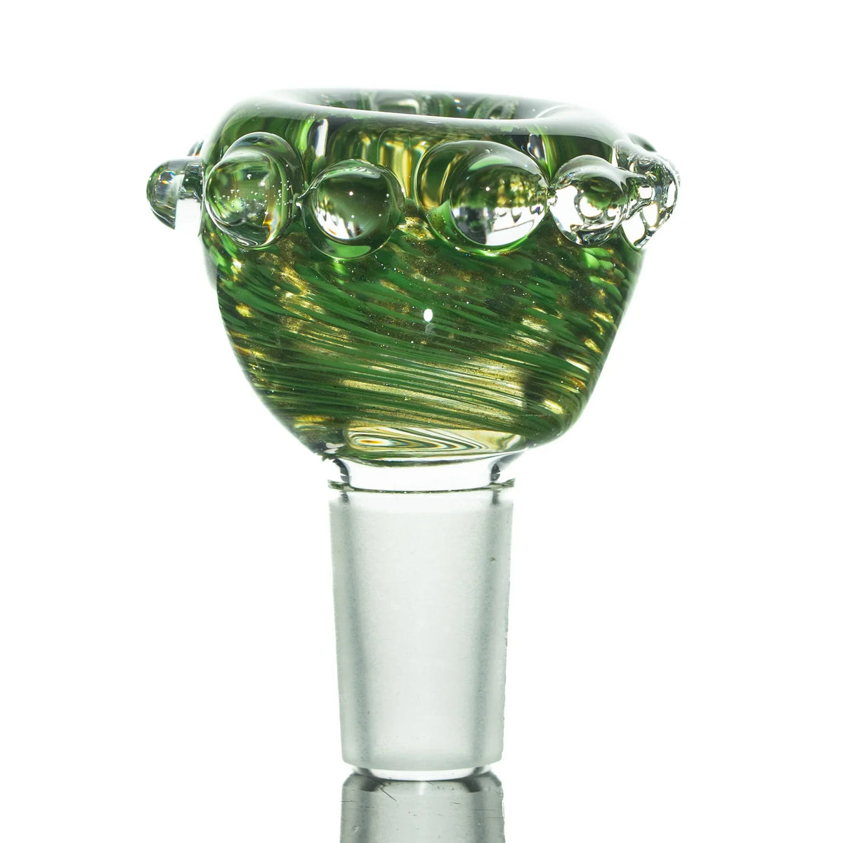 Green and brown 14mm glass bowl slide with decorative clear glass marbles
