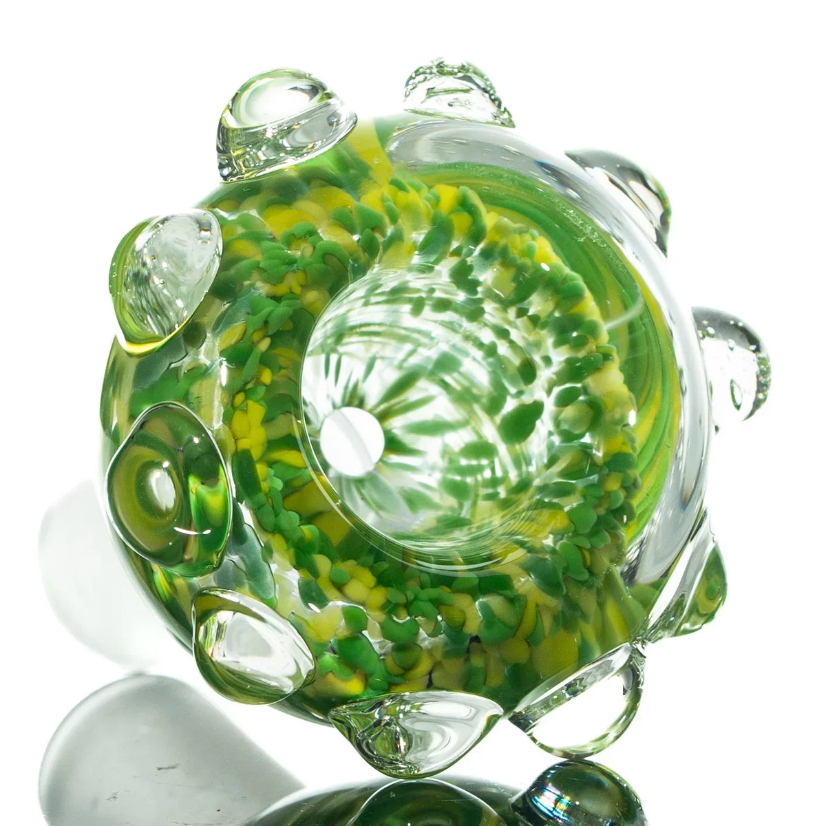 Green and yellow 14mm glass slide with frit texture and clear marble accents
