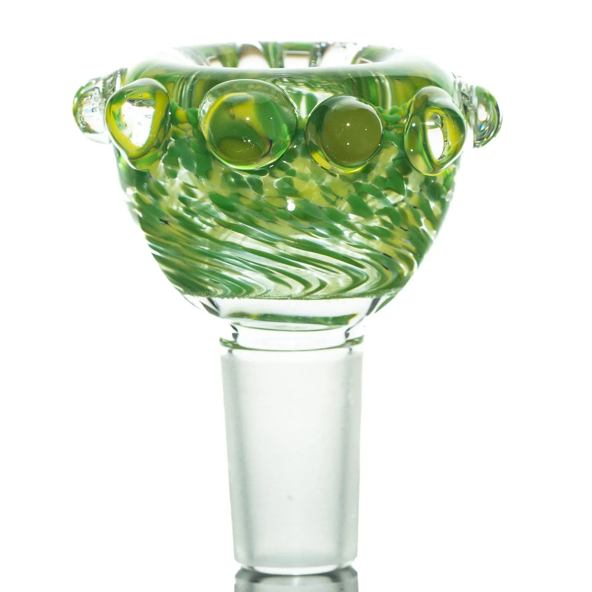 Green and yellow 14mm glass slide bowl with frit design and marble accents, for water pipe