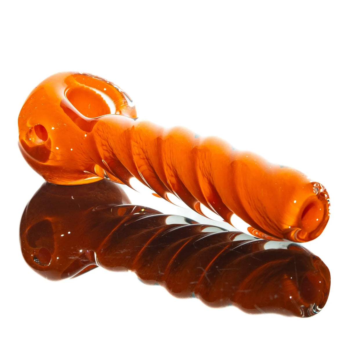 Orange glass twist spoon pipe with reflective surface, artisan smoking accessory