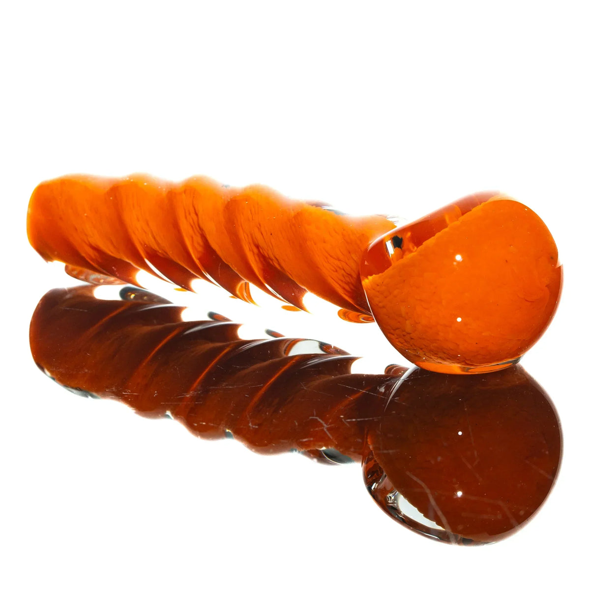 Orange glass twist spoon pipe with reflective surface, handblown art glass smoking accessory