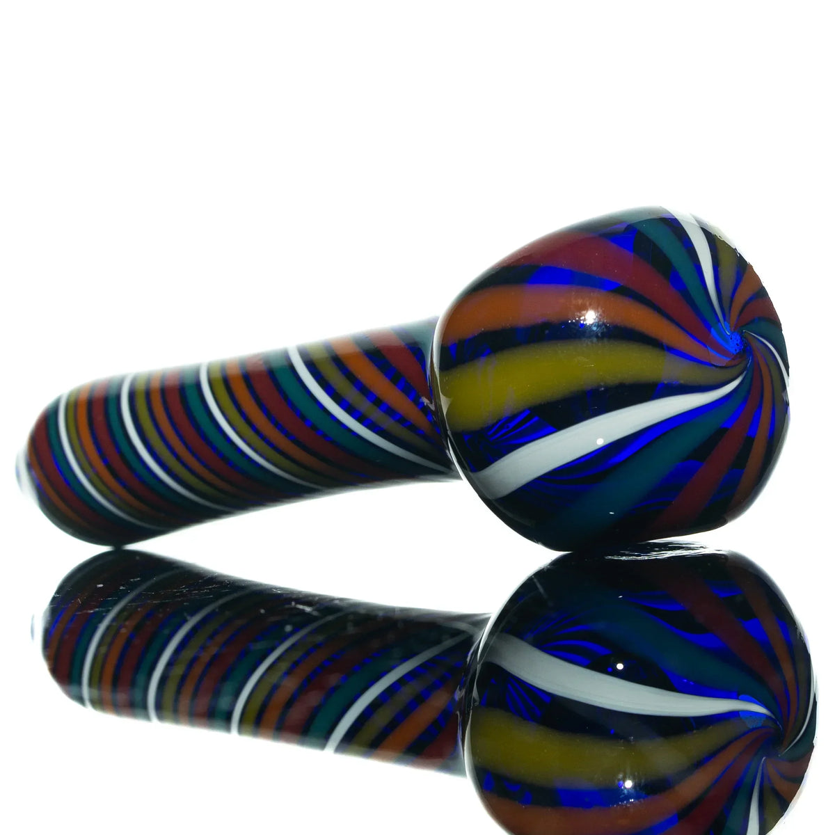 Hand blown glass spoon with rainbow swirl design, reflective surface, smoking accessory