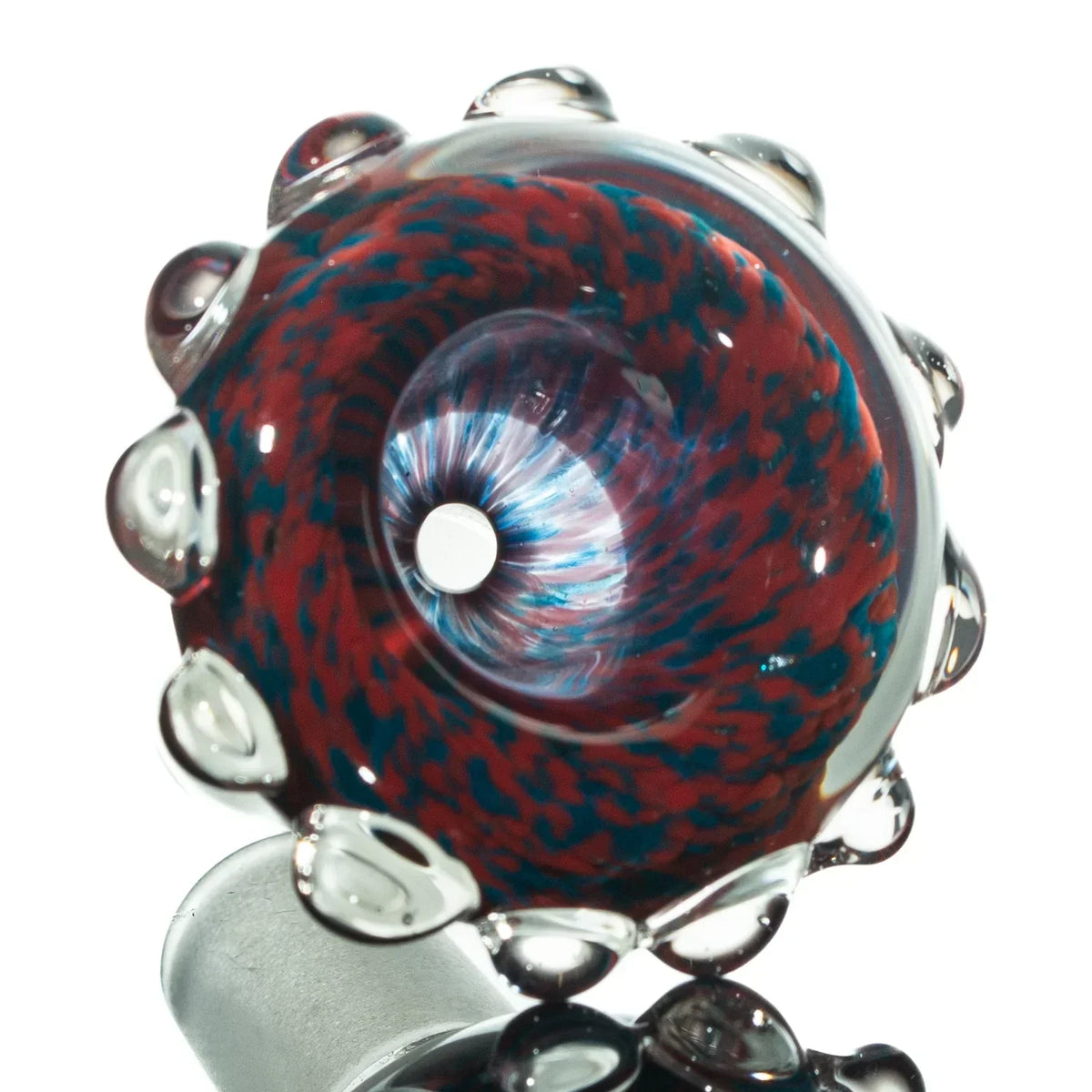 Red and blue 14mm frit glass slide bowl with clear glass accents, closeup view