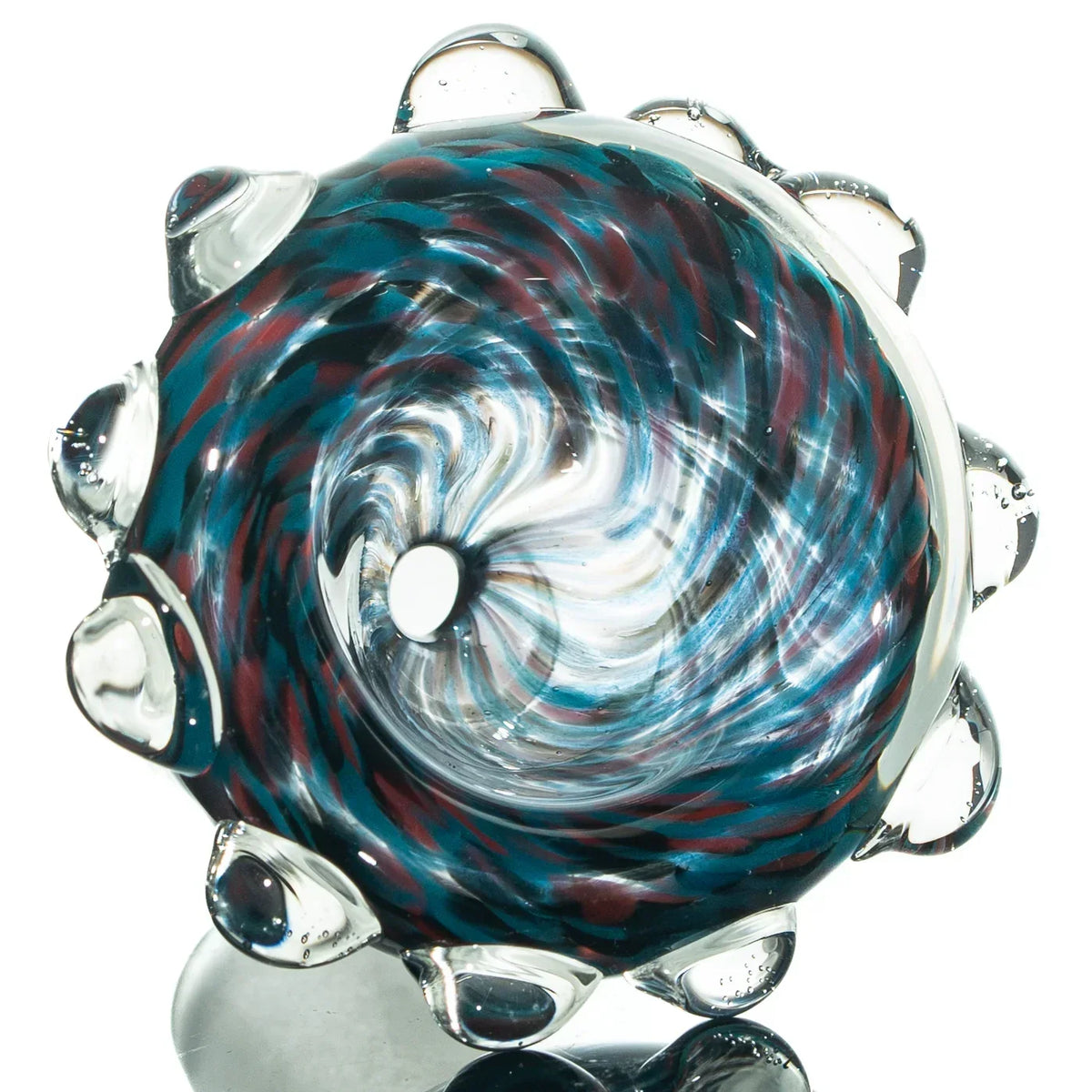 Red, blue, and black 14mm glass bowl slide with fritted swirl pattern and clear glass knobs