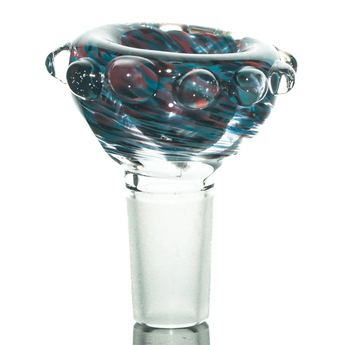 14mm glass slide bowl with red, blue, and black frit design and decorative marbles