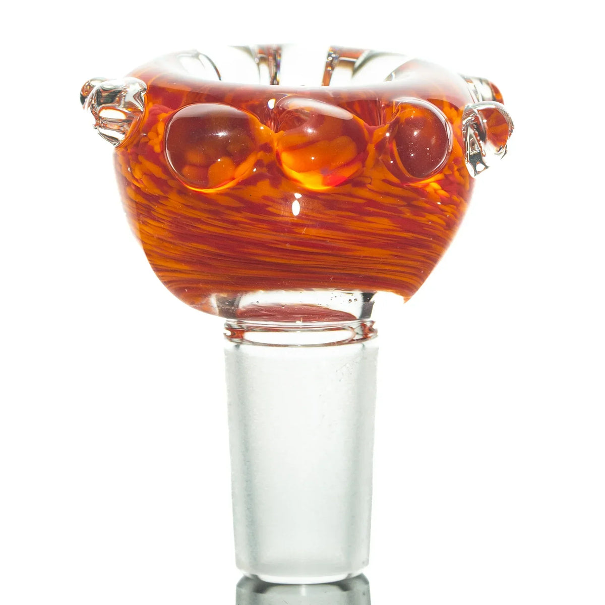 Red and orange 14mm glass slide bowl with frit pattern and marble accents for water pipes.